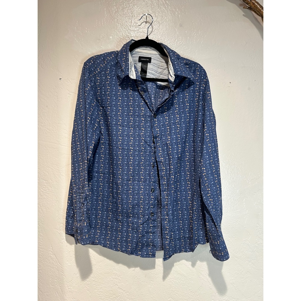 Claiborne Mens Navy Blue Floral‎ Micro Print Long Sleeve Button Down Shirt Large